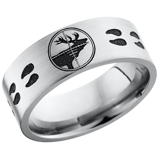 Titanium 8mm flat band with a laser-carved elk target and elk track pattern