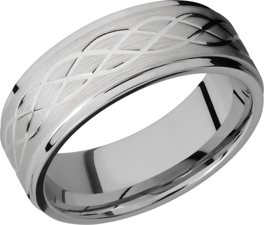 Titanium 8mm flat band with grooved edges and a laser-carved celtic pattern