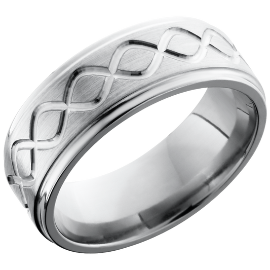 Titanium 8mm flat band with grooved edges and a laser-carved tall infinity pattern