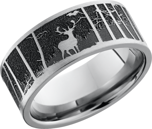 Titanium 9mm flat band with a laser-carved elk mountain pattern