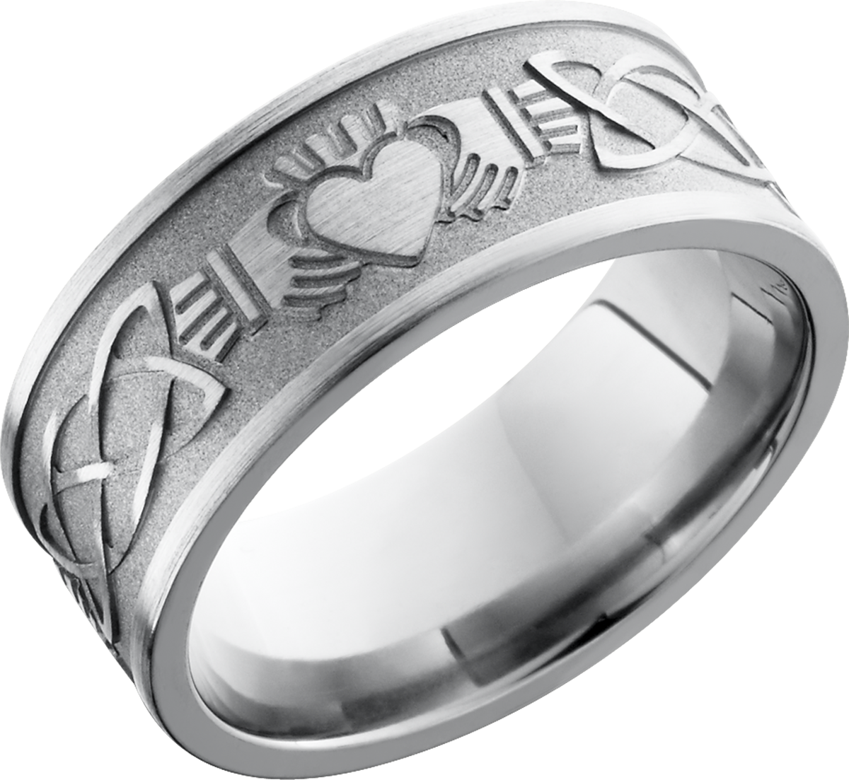 Titanium 9mm flat band with a laser-carved claddagh celtic pattern