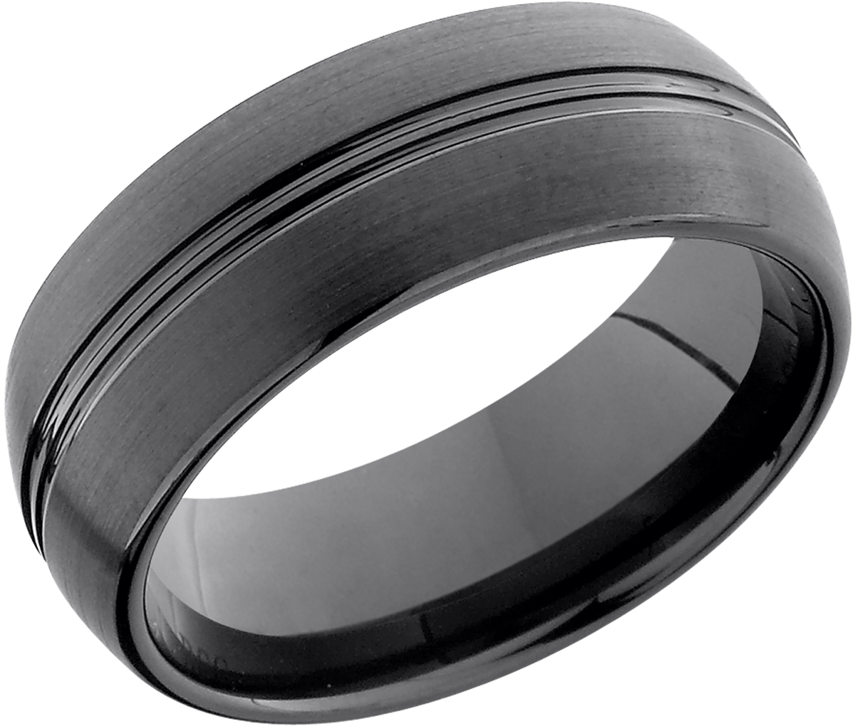 Tungsten Ceramic 8mm domed band with two grooves down the center of the band