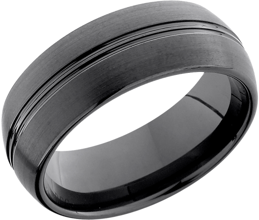 Tungsten Ceramic 8mm domed band with two grooves down the center of the band