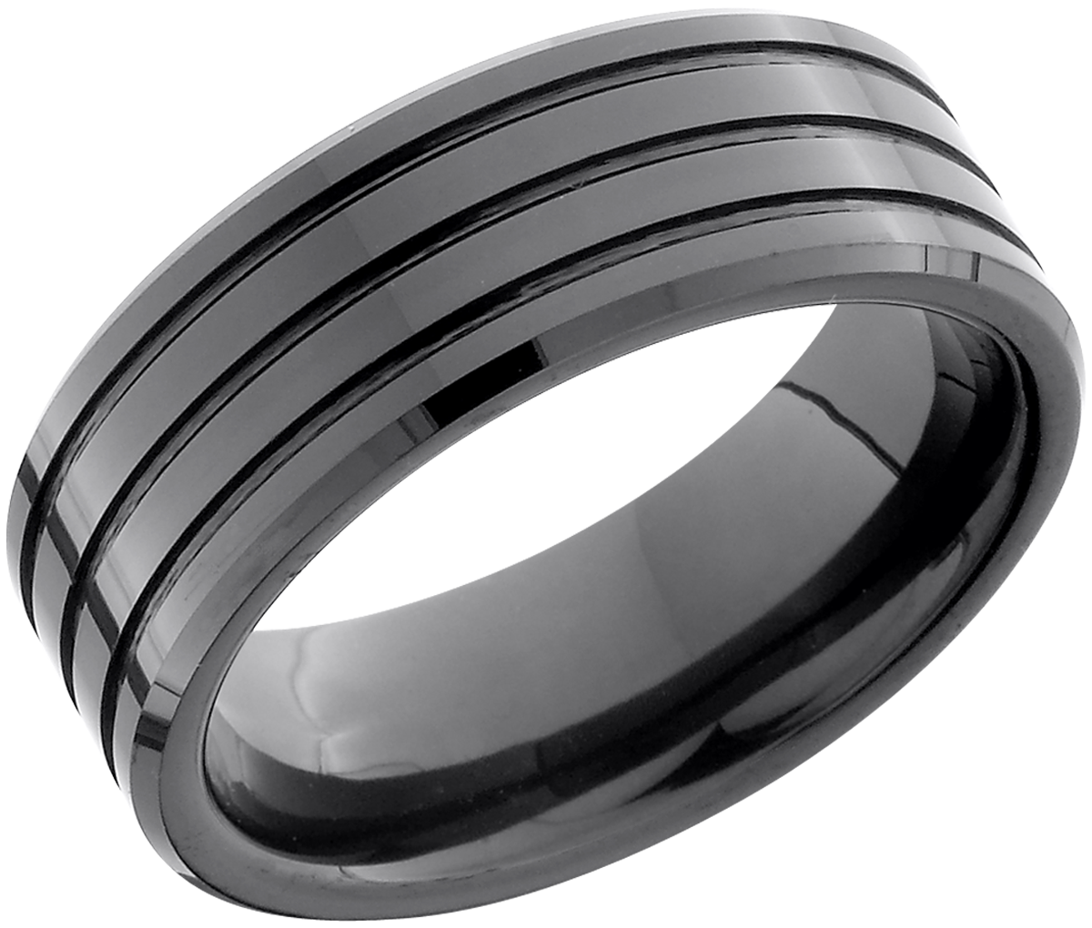 Black Ceramic 8mm flat band with beveled edges and 3, 1mm grooves