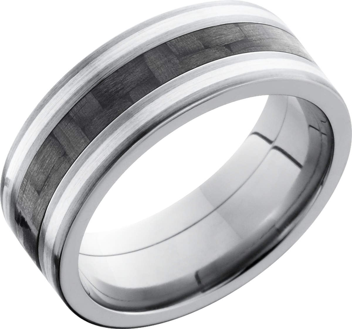 Titanium 8mm flat band with a 3mm inlay of black Carbon Fiber and 2, 1mm inlays of Sterling Silver