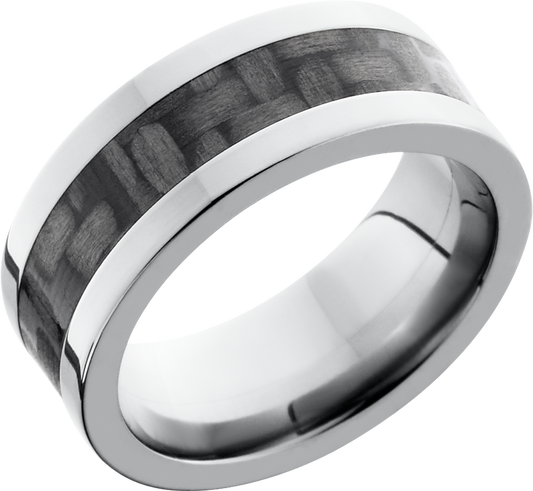 Titanium 8mm flat band with a 4mm inlay of black Carbon Fiber