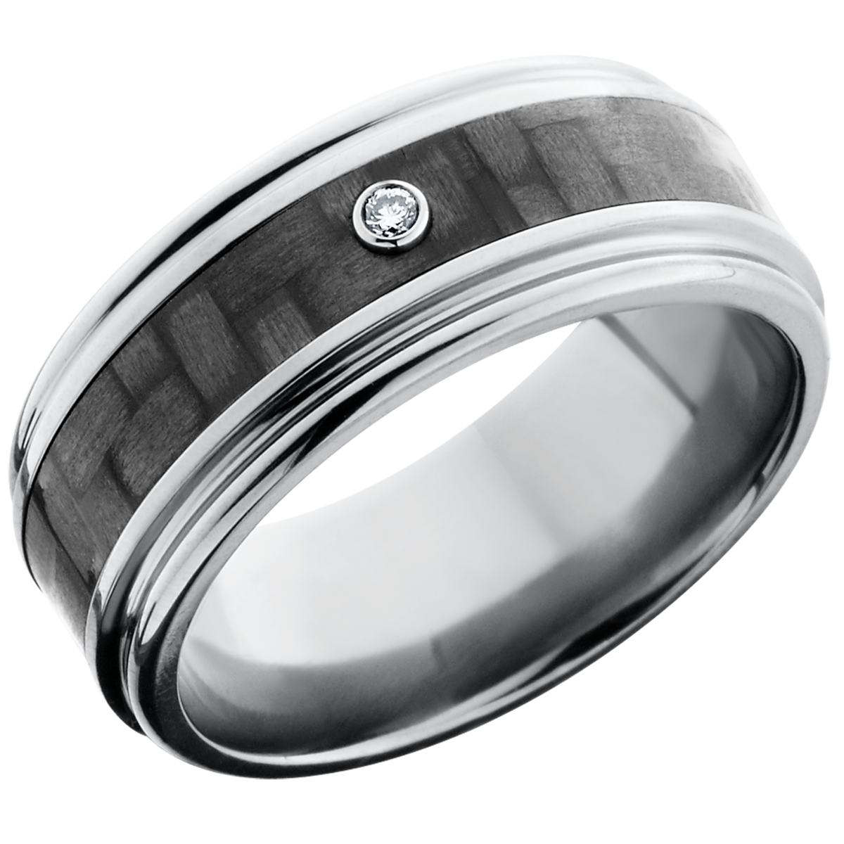 Titanium 9mm flat band with rounded edges and a 4mm inlay of black Carbon Fiber with a bezel-set white diamond accent