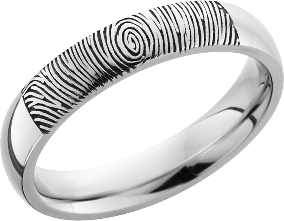 Cobalt chrome 4mm domed band with a laser-carved fingerprint