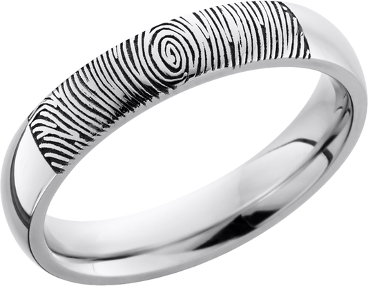 Cobalt chrome 4mm domed band with a laser-carved fingerprint