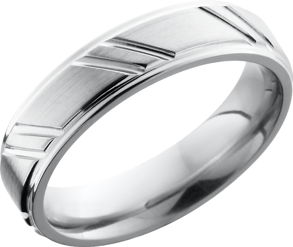 Cobalt chrome 5mm flat band with grooved edges and a striped pattern