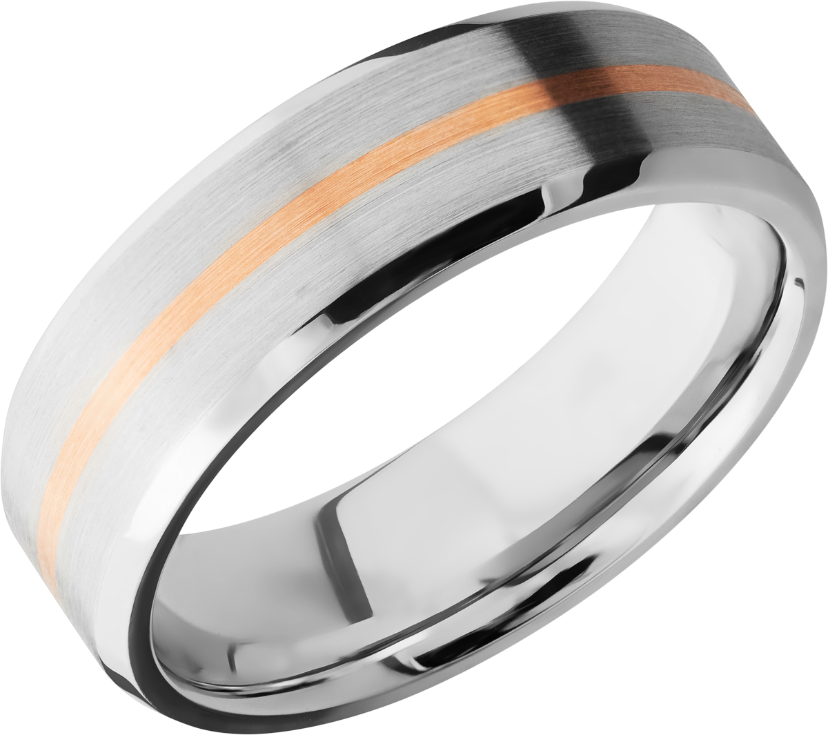 Cobalt chrome 7mm beveled band with 1, 1mm inlay of 14K rose gold