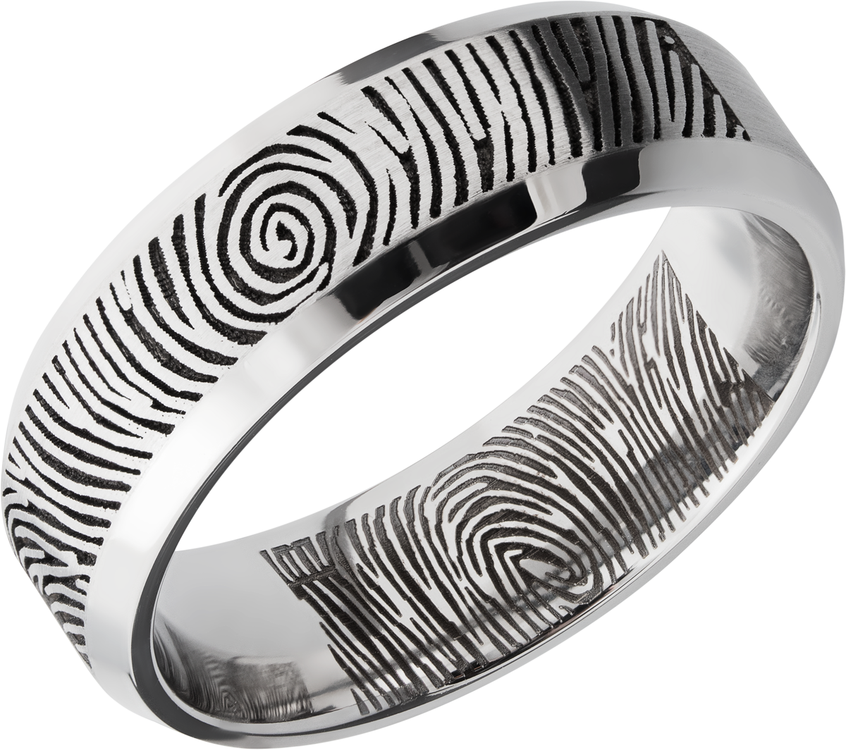 Cobalt chrome 7mm beveled band with a laser-carved fingerprint