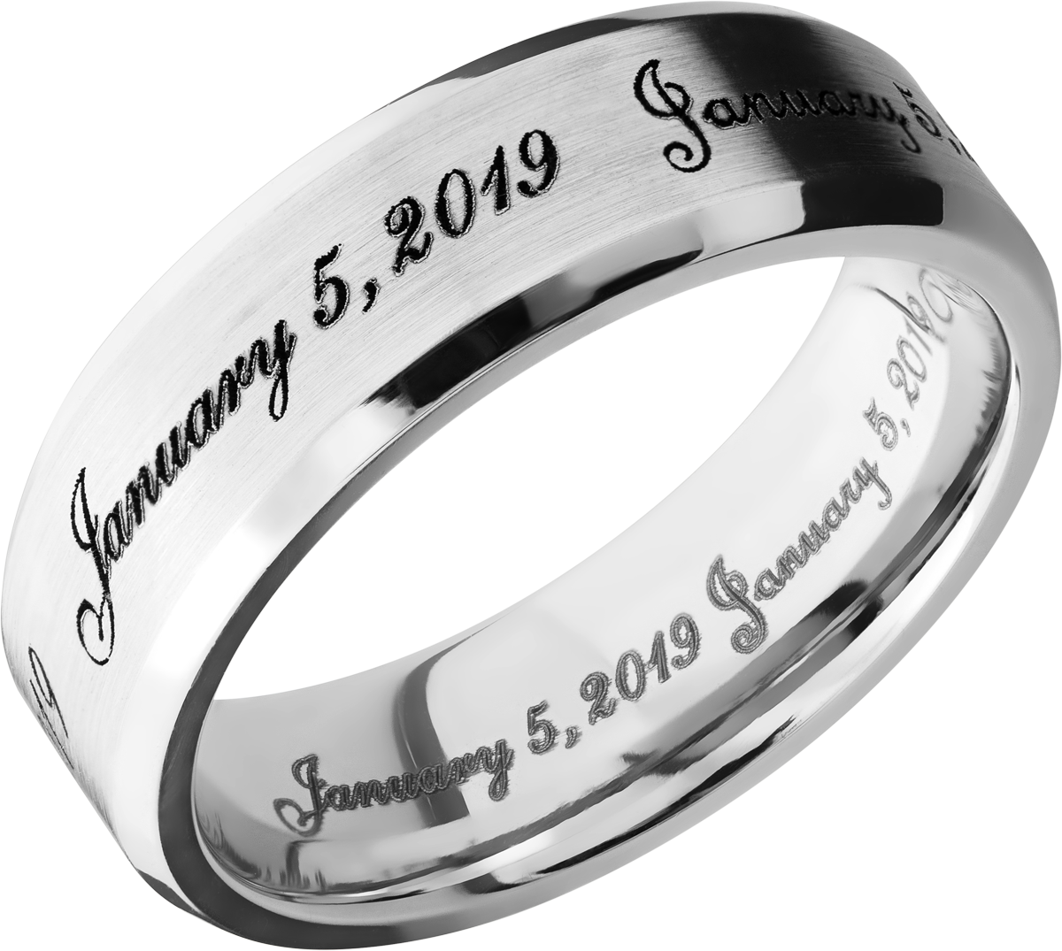 Cobalt chrome 7mm beveled band with laser-carved fonts