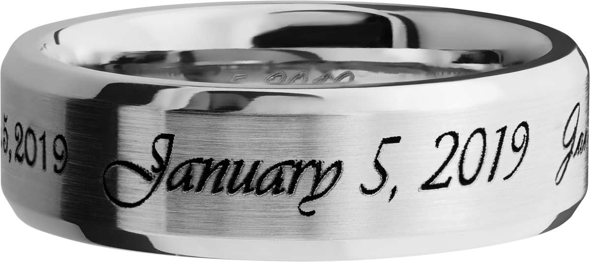 Cobalt chrome 7mm beveled band with laser-carved fonts