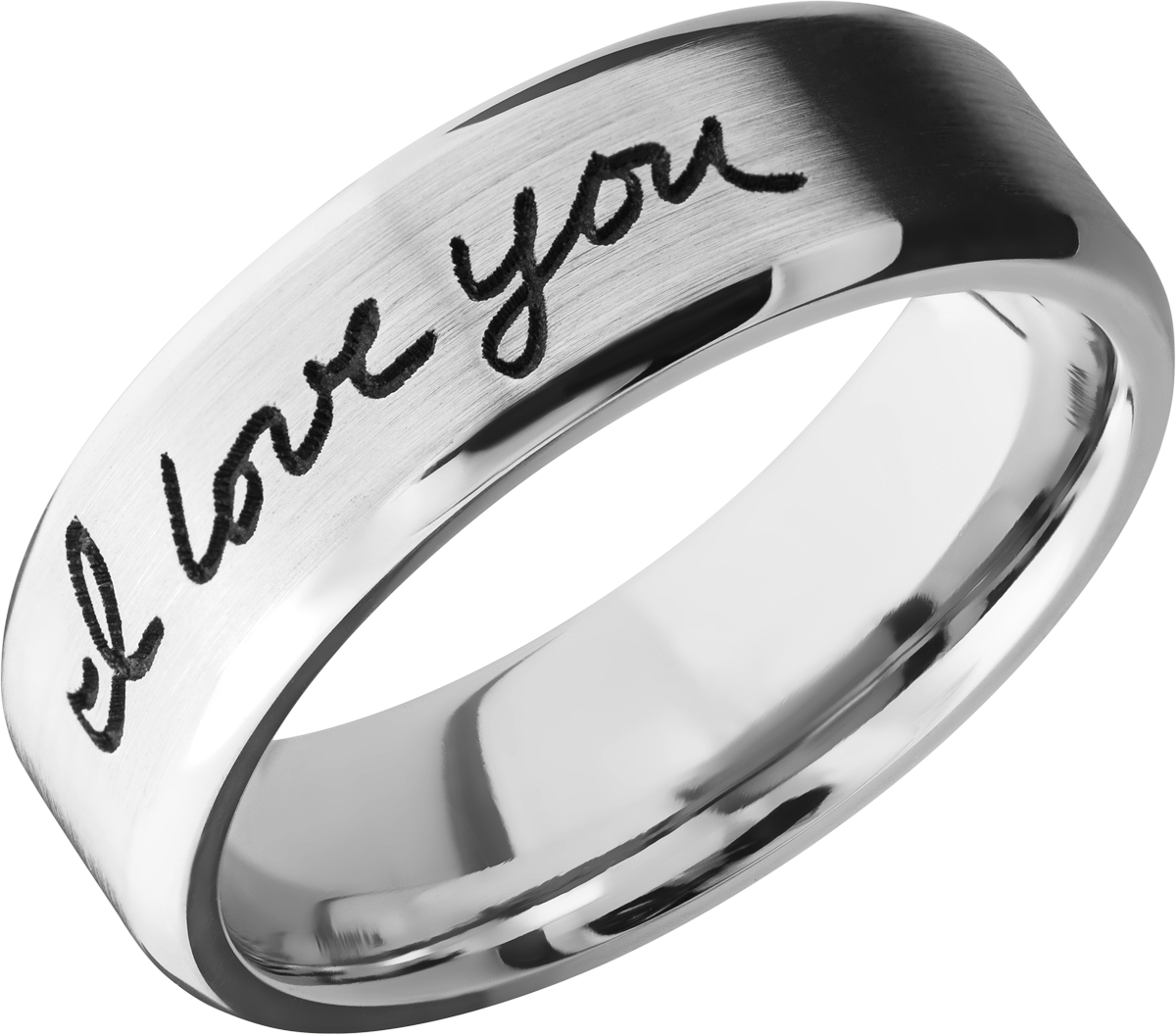 Cobalt chrome 7mm beveled band with laser-carved handwriting