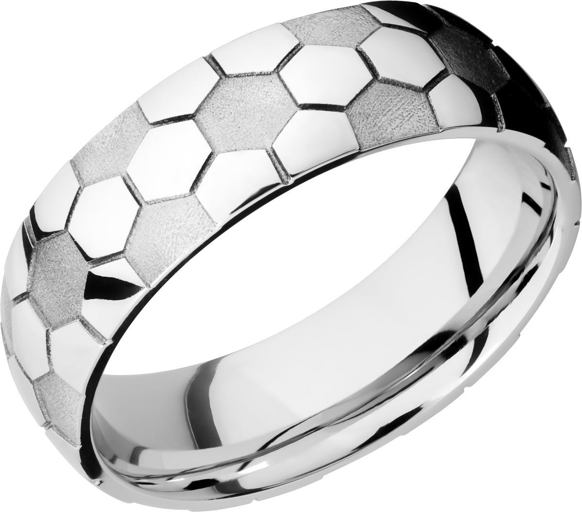 Cobalt chrome 7mm domed band with laser-carved soccer ball pattern