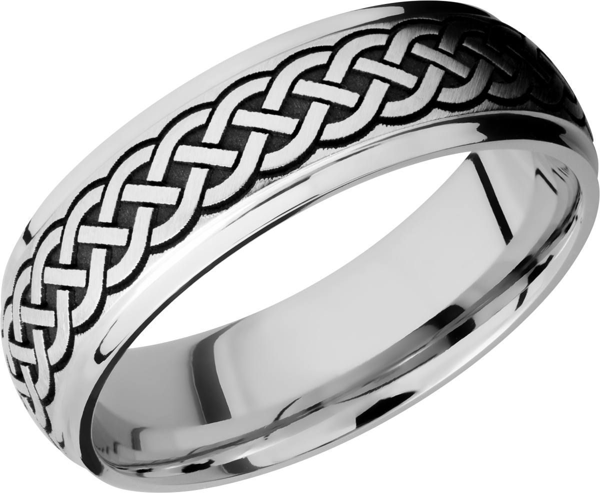 Cobalt chrome 7mm domed band with grooved edges and a laser-carved celtic pattern