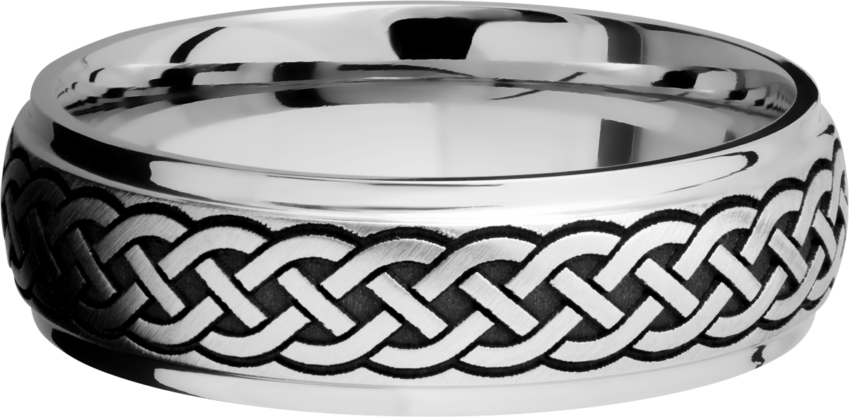 Cobalt chrome 7mm domed band with grooved edges and a laser-carved celtic pattern