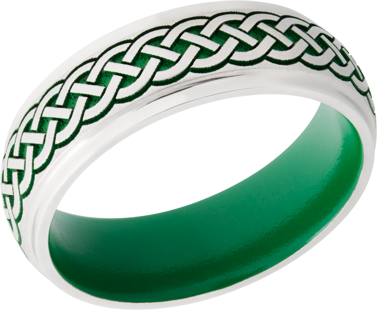 Cobalt chrome 7mm domed band with grooved edges a laser-carved Celtic pattern featuring Cerakote