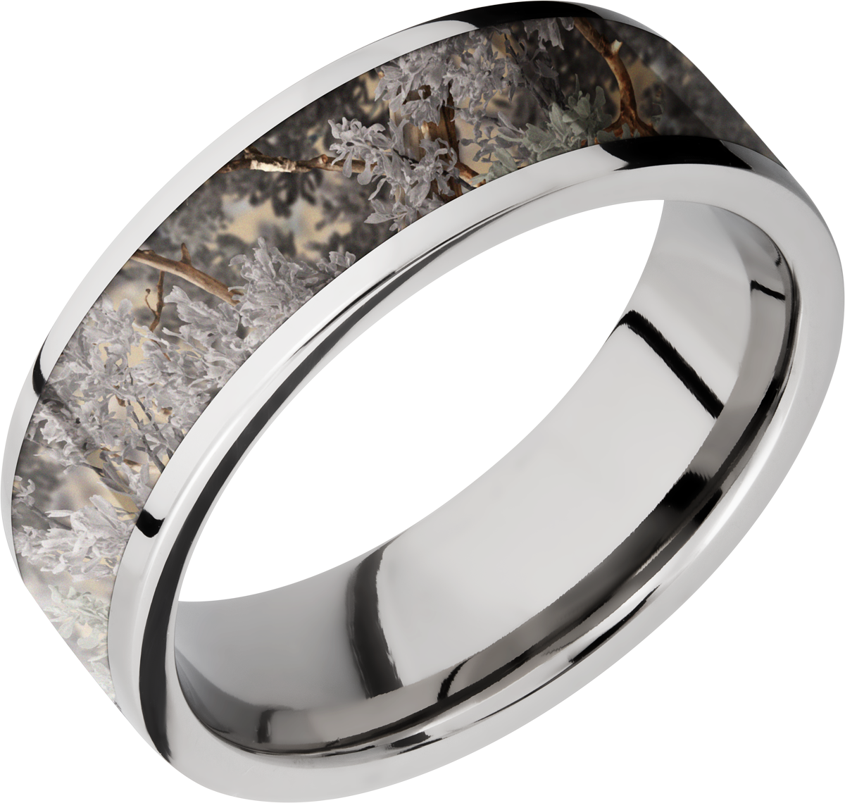 Cobalt chrome 7mm flat band with a 5mm inlay of Kings Desert Camo