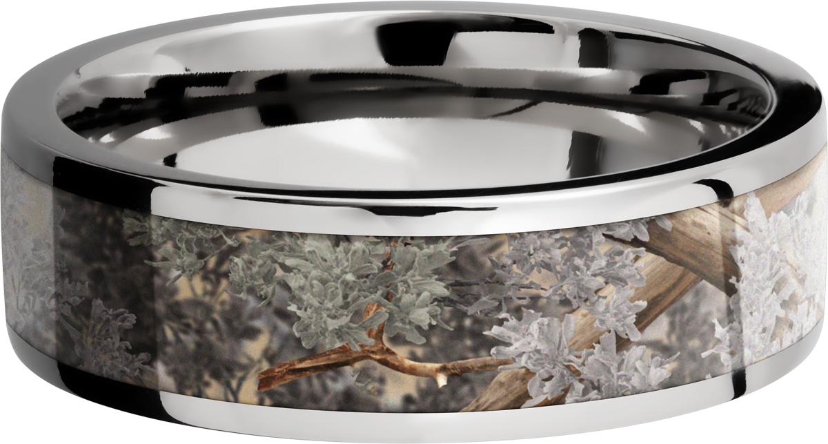 Cobalt chrome 7mm flat band with a 5mm inlay of Kings Desert Camo