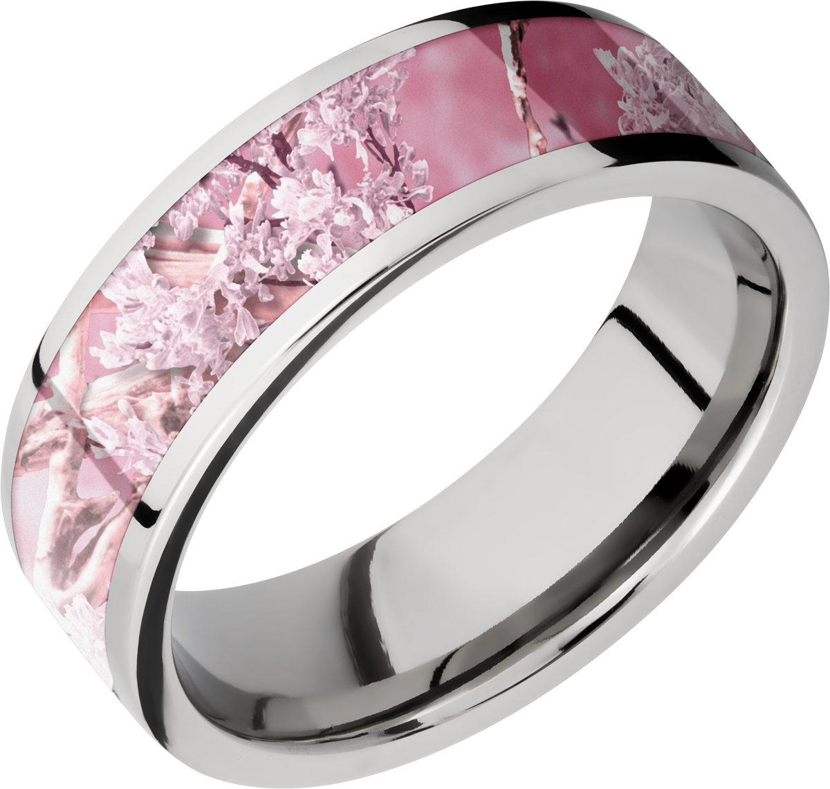 Cobalt chrome 7mm flat band with a 5mm inlay of Kings Pink Camo