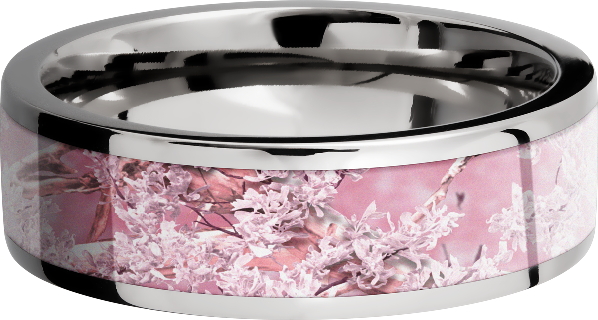 Cobalt chrome 7mm flat band with a 5mm inlay of Kings Pink Camo