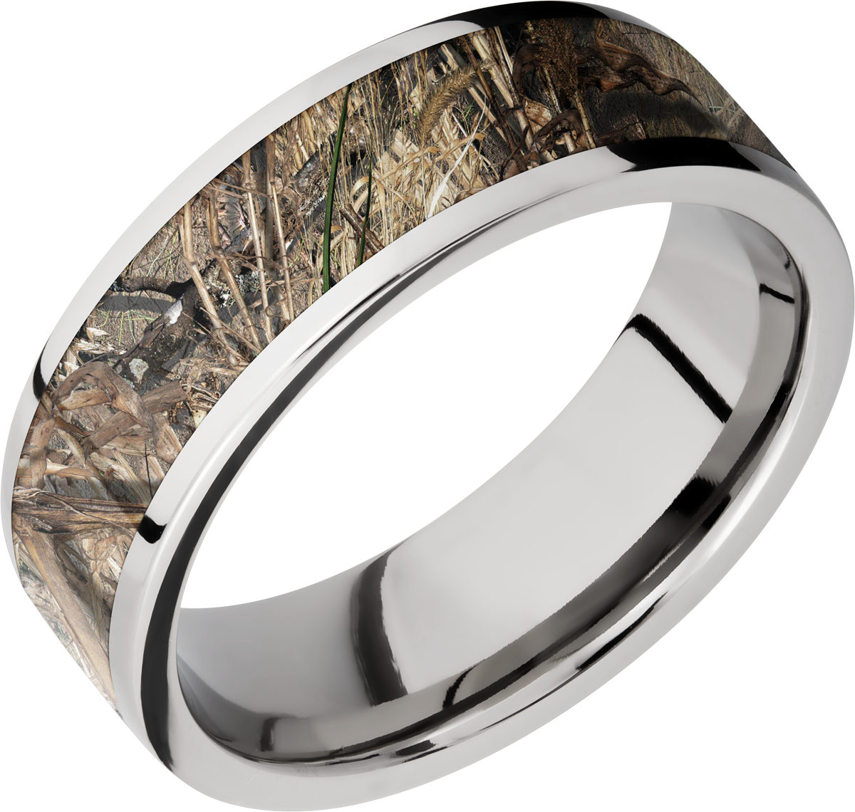 Cobalt chrome 7mm flat band with a 5mm inlay of Mossy Oak Duck Blind Camo