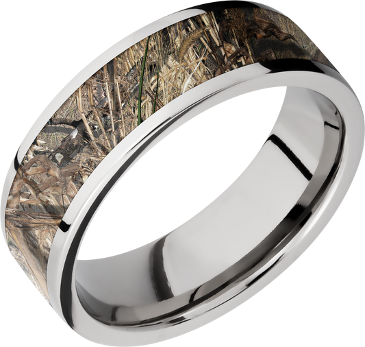 Cobalt chrome 7mm flat band with a 5mm inlay of Mossy Oak Duck Blind Camo