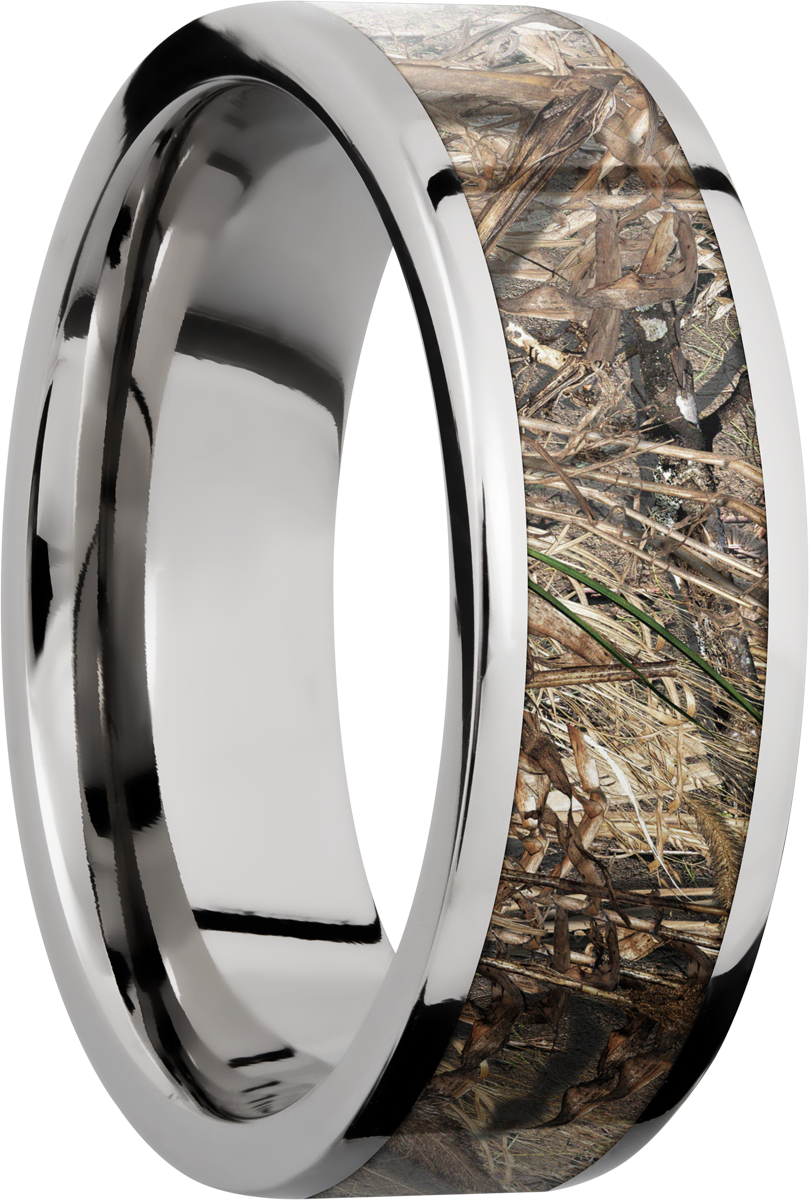 Cobalt chrome 7mm flat band with a 5mm inlay of Mossy Oak Duck Blind Camo