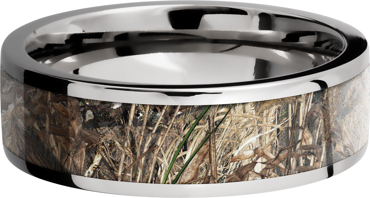 Cobalt chrome 7mm flat band with a 5mm inlay of Mossy Oak Duck Blind Camo