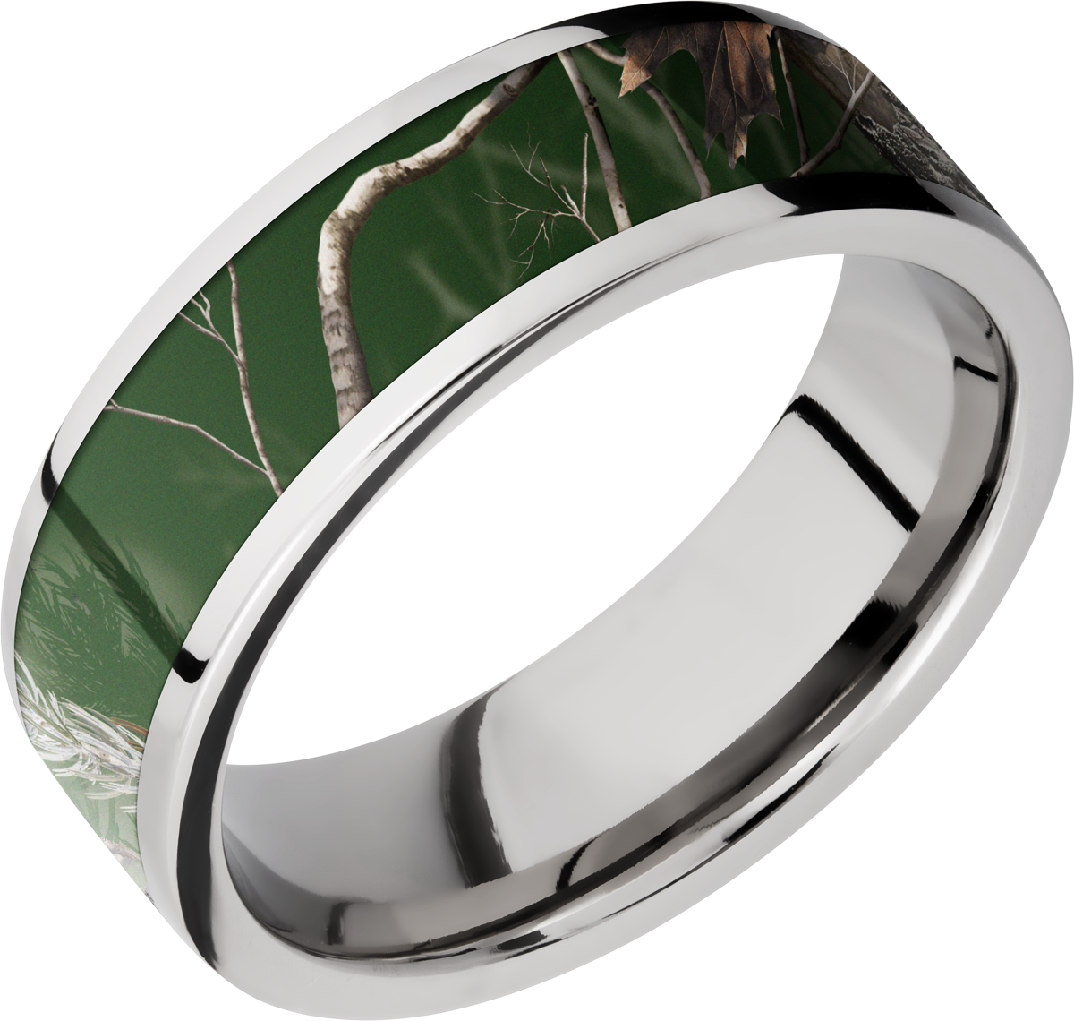 Cobalt chrome 7mm flat band with a 5mm inlay of Realtree APC Green Camo