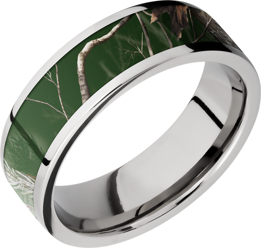 Cobalt chrome 7mm flat band with a 5mm inlay of Realtree APC Green Camo