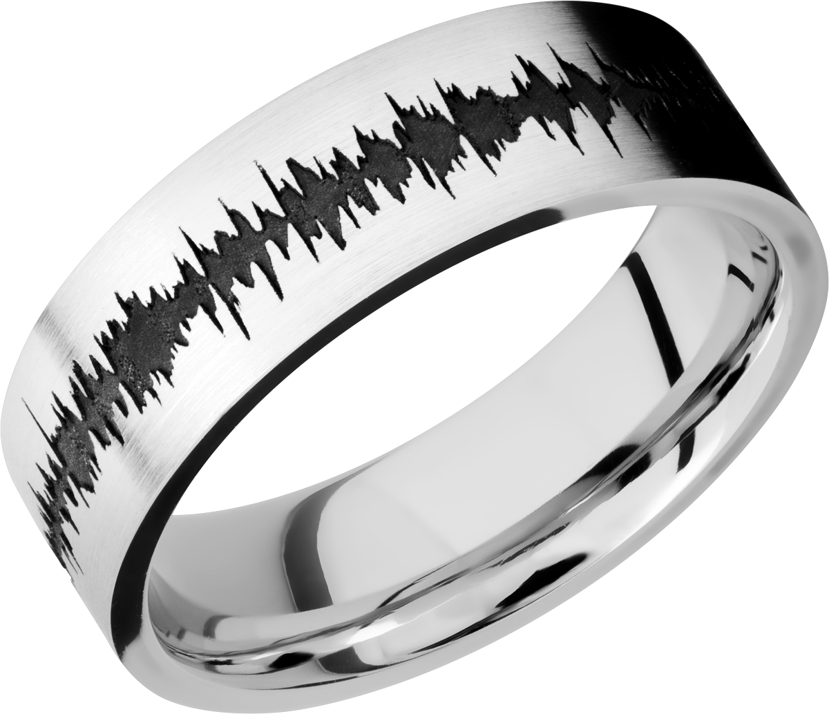 Cobalt chrome 7mm flat band with a laser-carved soundwave