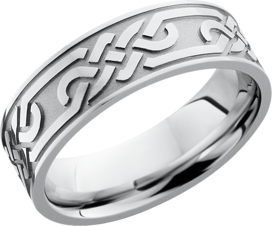 Cobalt chrome 7mm flat band with a reverse laser-carved Celtic loop pattern around the band