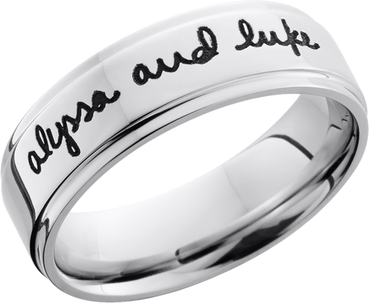 Cobalt chrome 7mm flat band with grooved edges and a laser-carved handwritten message