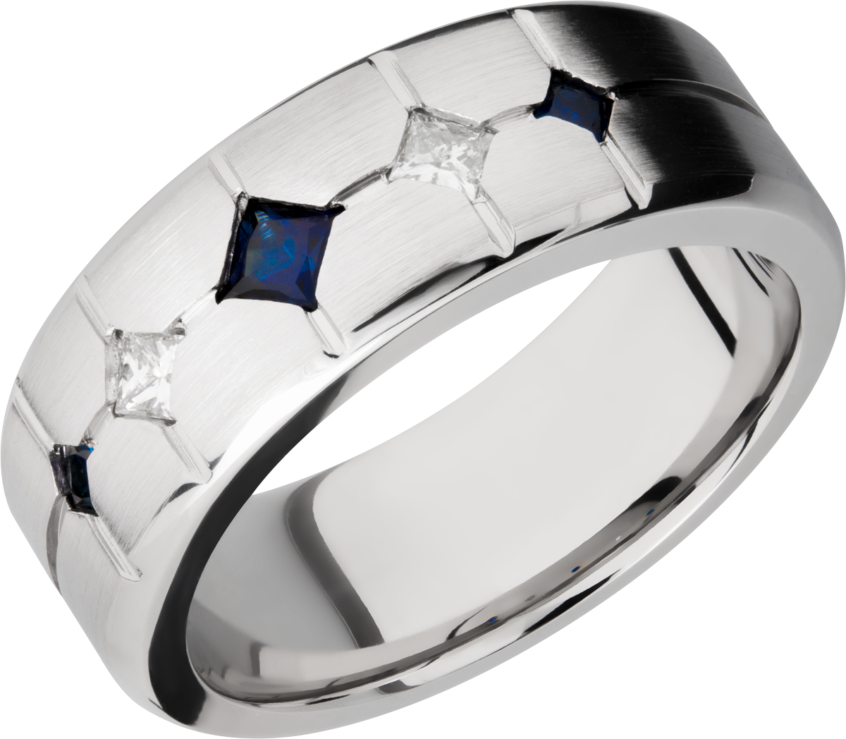 Cobalt chrome 8mm beveled band with 3 sapphires and 2 diamonds