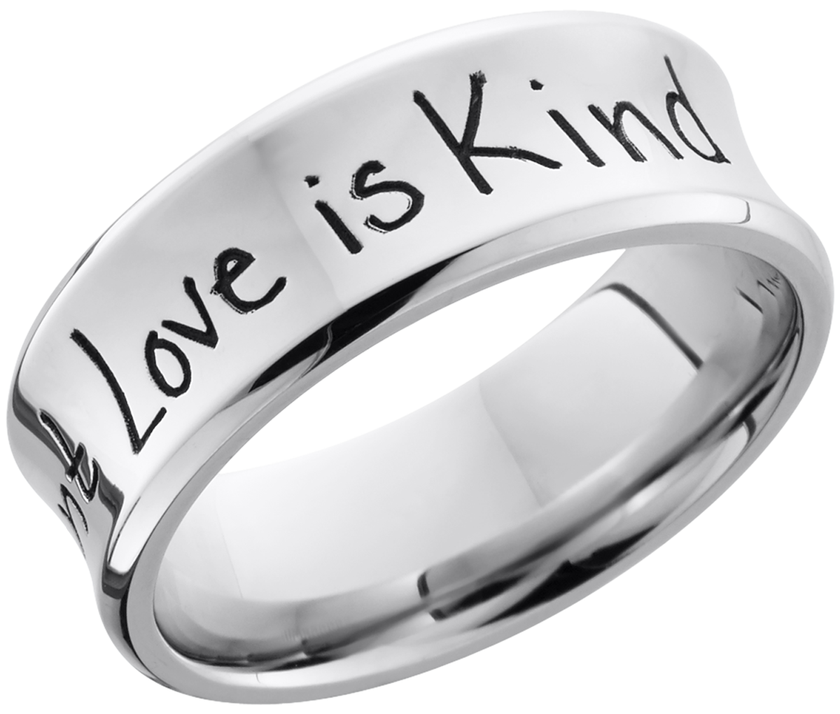 Cobalt chrome 8mm concave band with beveled edges and a laser-carved handwritten message