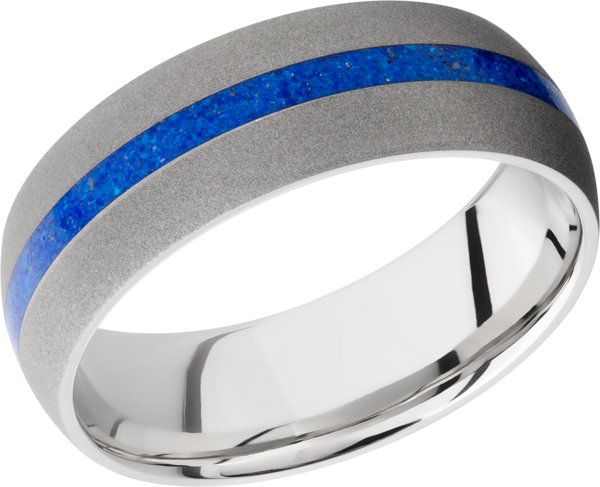 Cobalt chrome 8mm domed band with a mosaic inlay of Lapis