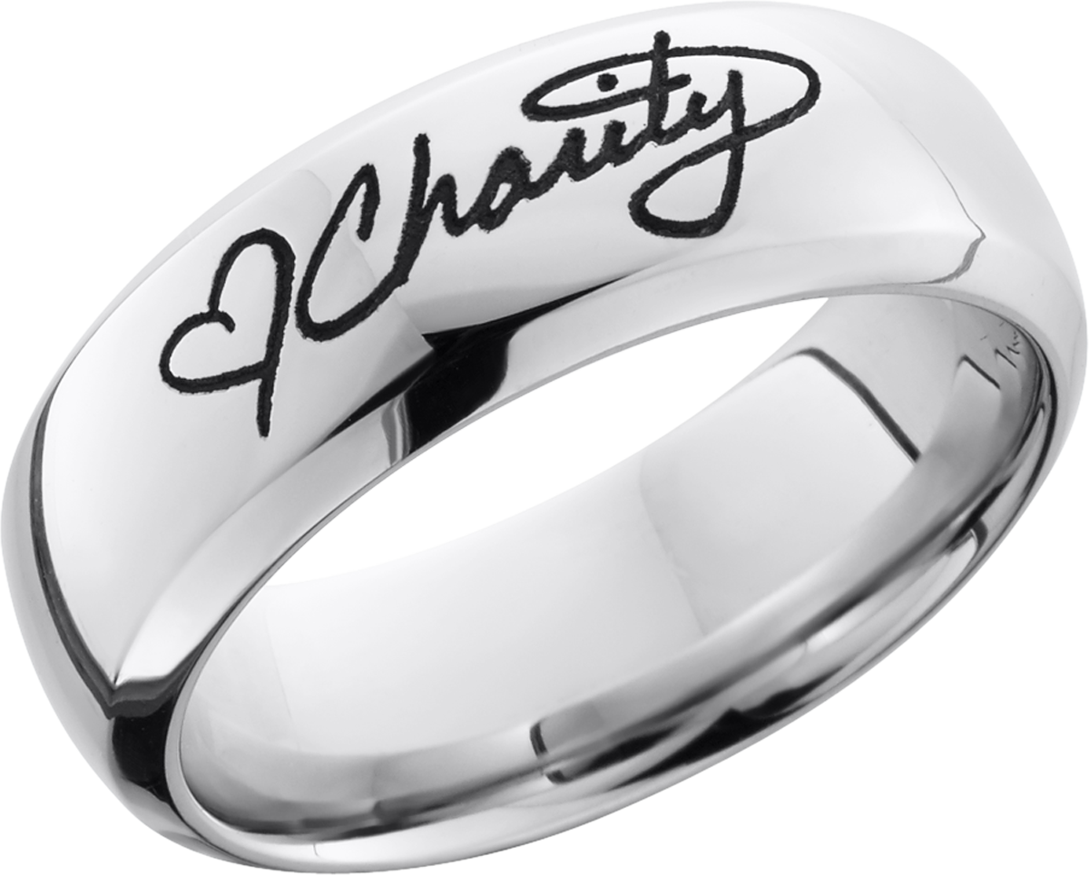 Cobalt chrome 8mm domed band with a laser-carved handwritten message