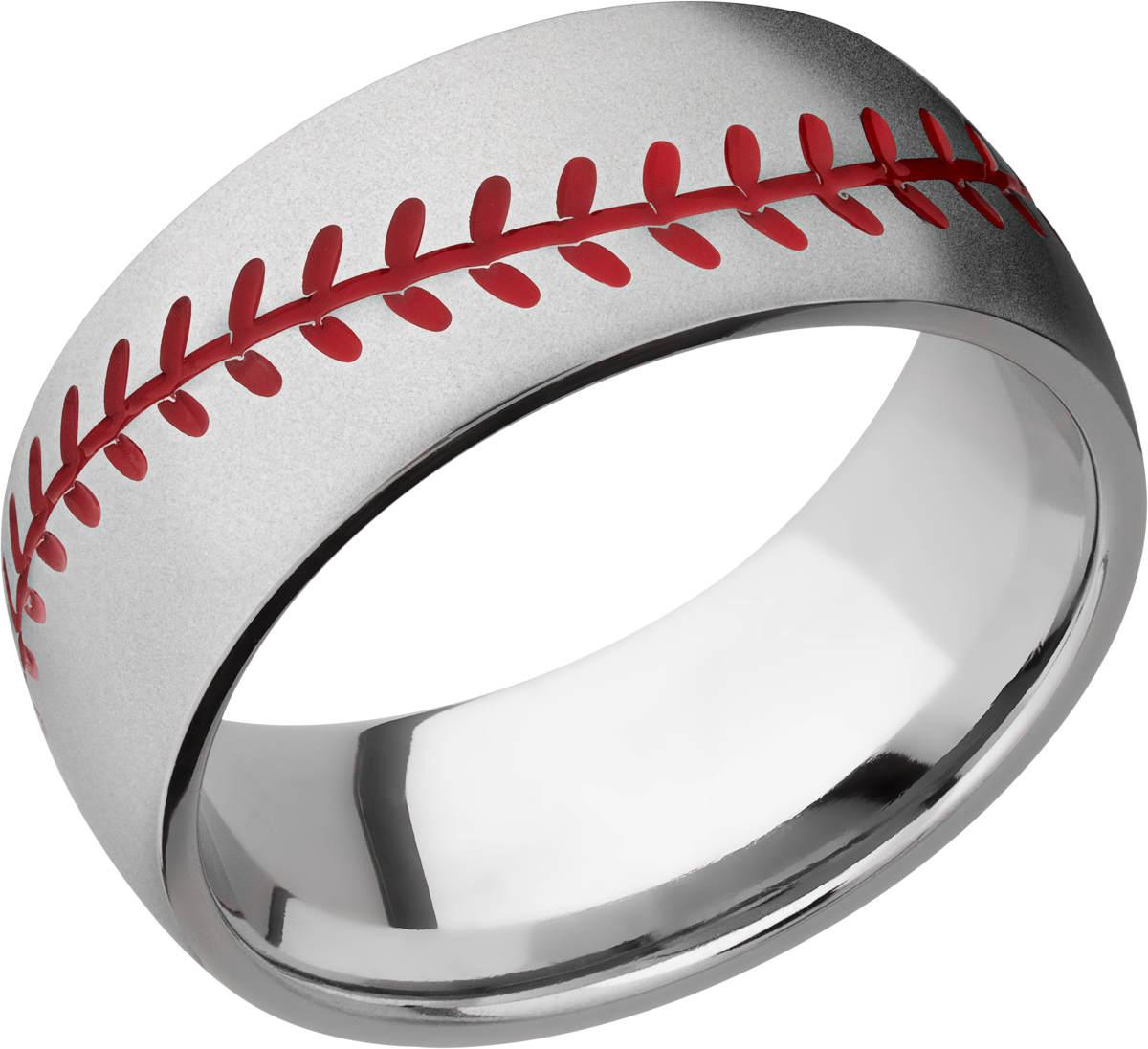 Cobalt chrome 8mm domed band with laser-carved baseball stitching and red Cerakote