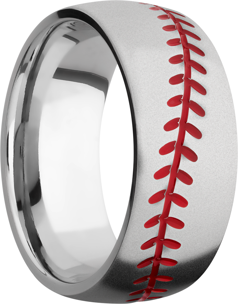 Cobalt chrome 8mm domed band with laser-carved baseball stitching and red Cerakote
