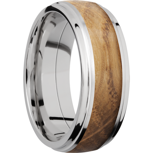 Cobalt chrome 8mm domed band with grooved edges and an inlay of Whiskey Barrel hardwood