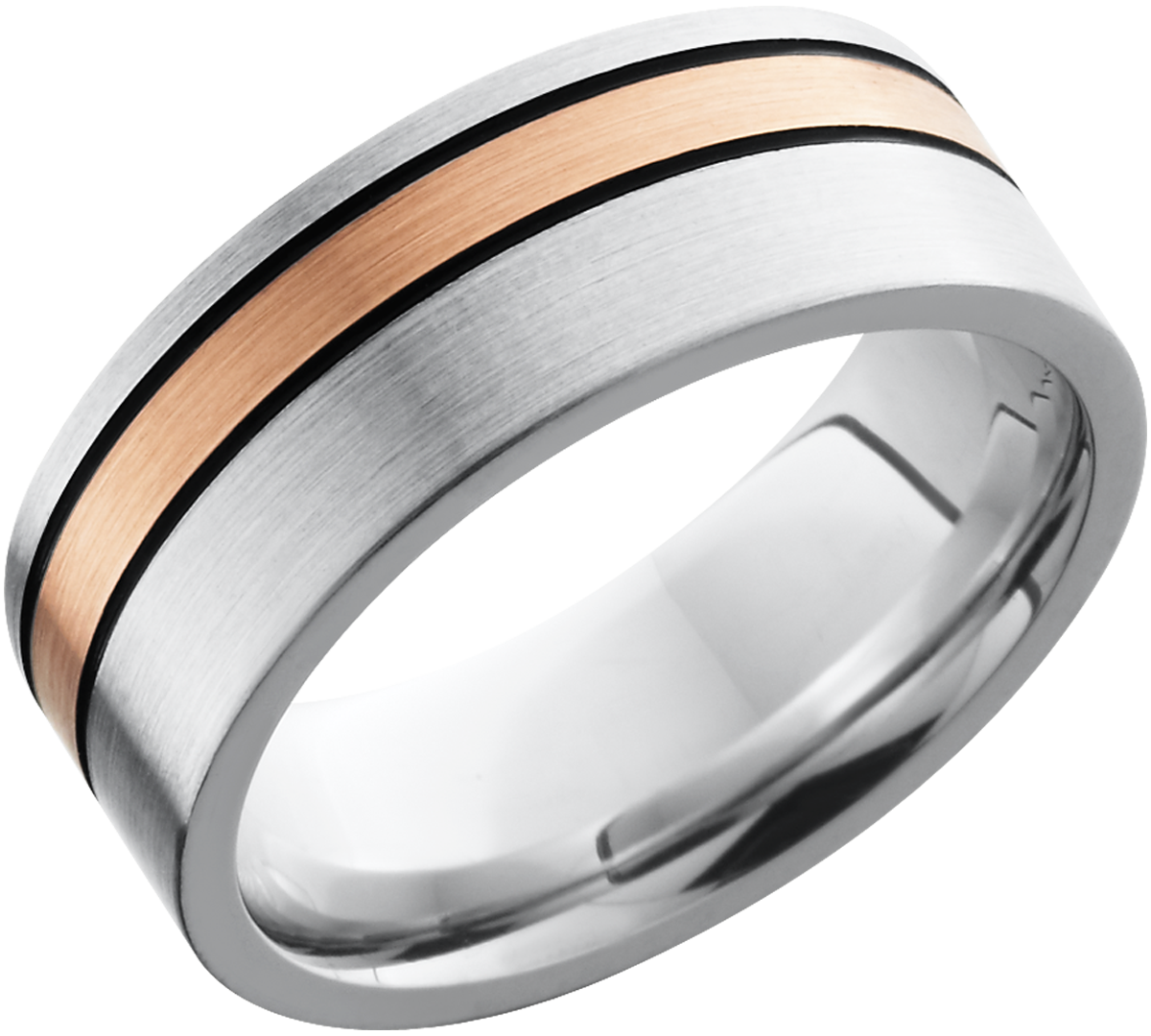 Cobalt chrome 8mm flat band with 1, 2mm off-center inlay of 14K rose gold and antiquing on either side