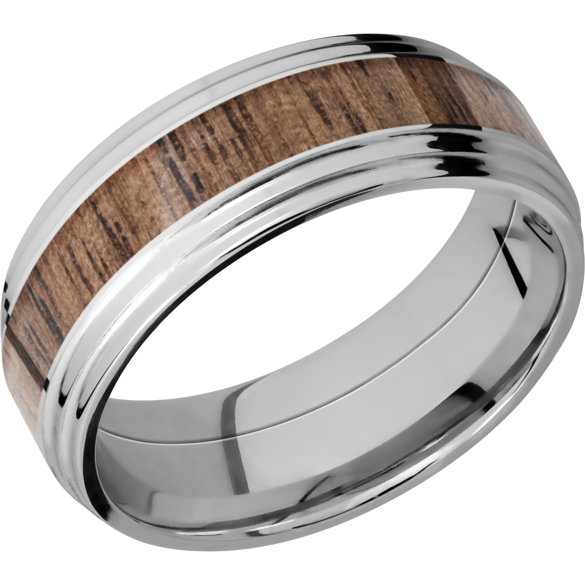 Cobalt chrome 8mm flat band with two stepped edges and an inlay of Walnut hardwood