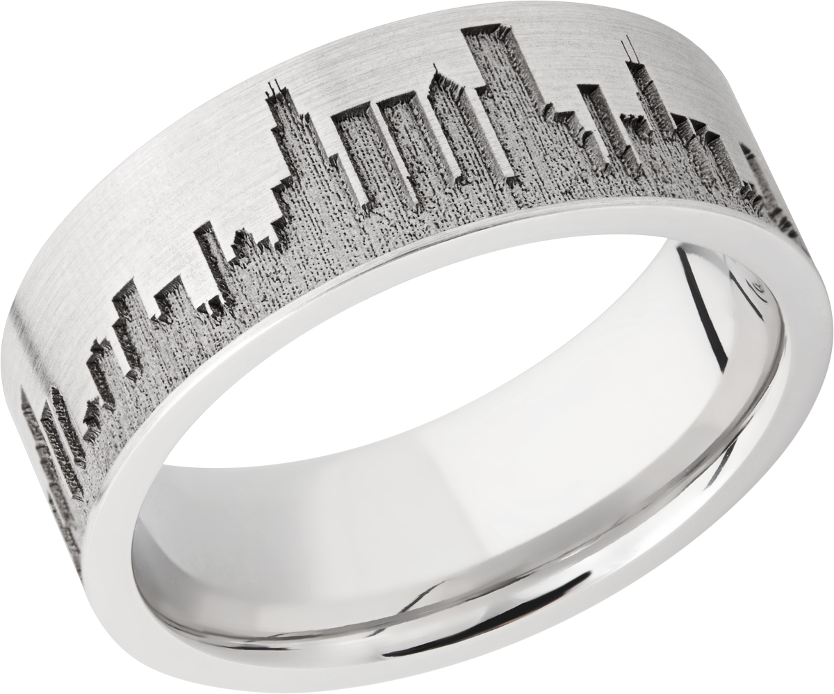 Cobalt chrome 8mm flat band with laser-carved Chicago skyline