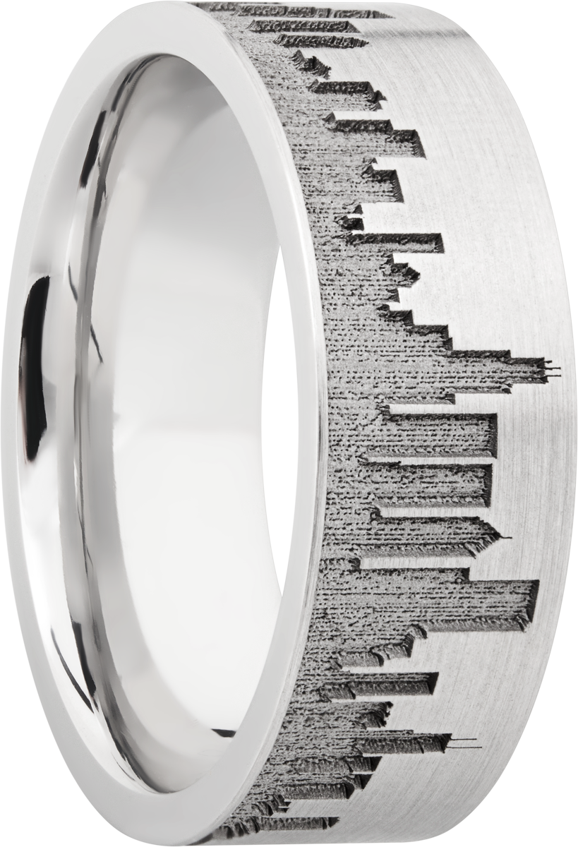Cobalt chrome 8mm flat band with laser-carved Chicago skyline