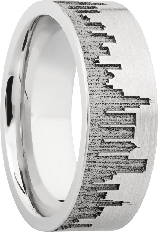 Cobalt chrome 8mm flat band with laser-carved Chicago skyline