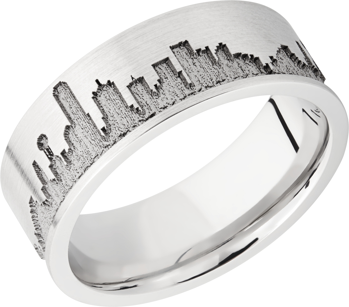 Cobalt chrome 8mm flat band with laser-carved Dallas skyline