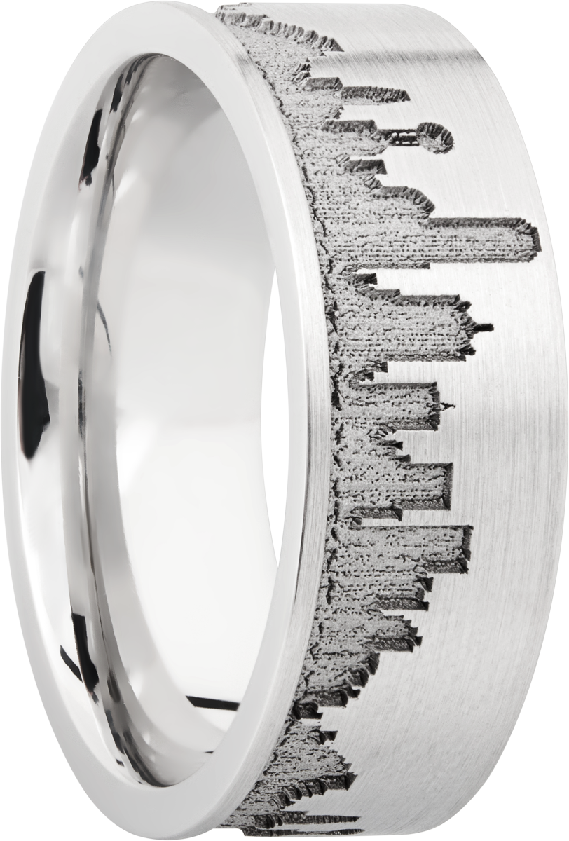 Cobalt chrome 8mm flat band with laser-carved Dallas skyline
